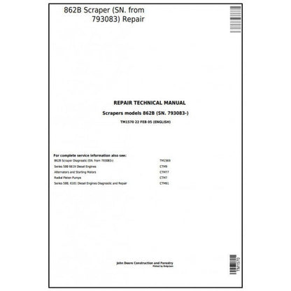 John Deere 862B Scraper Pdf Technical Repair Service Manual TM1570