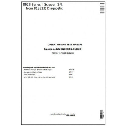 John Deere 862B Series II Scraper Pdf Diagnostic, Operation and Tests Service Manual TM1724