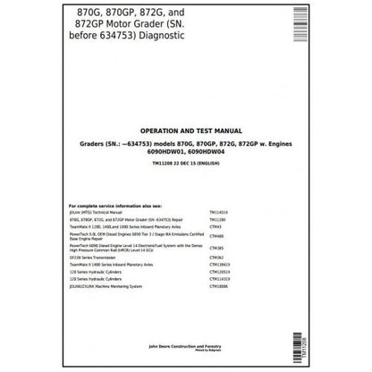 John Deere 870G, 870GP, 872G, 872GP Motor Grader Pdf Diagnostic, Operation and Tests Service Manual TM11208