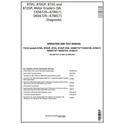 John Deere 870G, 870GP, 872G, 872GP Motor Grader Pdf Diagnostic, Operation and Tests Service Manual TM13067X19
