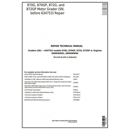 John Deere 870G, 870GP, 872G, 872GP Motor Grader Pdf Technical Repair Service Manual TM11209