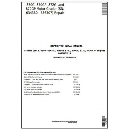 John Deere 870G, 870GP, 872G, 872GP Motor Grader Pdf Technical Repair Service Manual TM12145