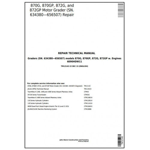 John Deere 870G, 870GP, 872G, 872GP Motor Grader Pdf Technical Repair Service Manual TM12145