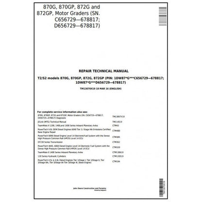 John Deere 870G, 870GP, 872G, 872GP Motor Grader Pdf Technical Repair Service Manual TM13070X19