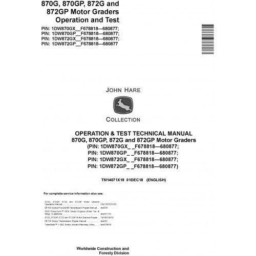 John Deere 870G, 870GP, 872G, 872GP Motor Graders Pdf Diagnostic Technical Service Manual TM14071X19