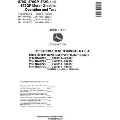 John Deere 870G, 870GP, 872G, 872GP Motor Graders Pdf Diagnostic Technical Service Manual TM14077X19