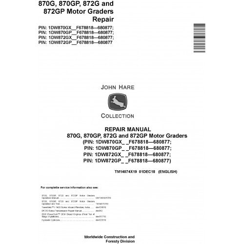 John Deere 870G, 870GP, 872G, 872GP Motor Graders Pdf Technical Repair Service Manual TM14074X19