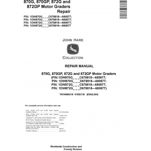 John Deere 870G, 870GP, 872G, 872GP Motor Graders Pdf Technical Repair Service Manual TM14080X19