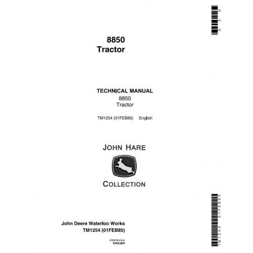 John Deere 8850 4WD Articulated Tractor Pdf Technical Repair Manual TM1254