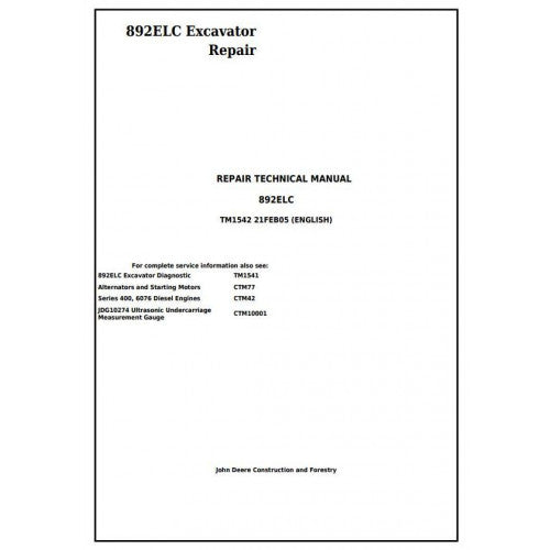 John Deere 892ELC Excavator Pdf Technical Repair Service Manual TM1542