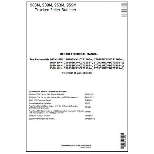 John Deere 903M, 909M, 953M, 959M Feller Buncher Pdf Technical Repair Service Manual TM13376X19