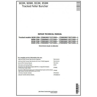 John Deere 903M, 909M, 953M, 959M Feller Buncher Pdf Technical Repair Service Manual TM13376X19