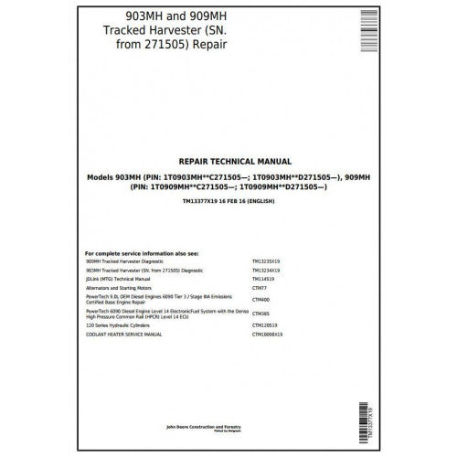 John Deere 903MH, 909MH Tracked Harvester Pdf Technical Repair Service Manual TM13377X19