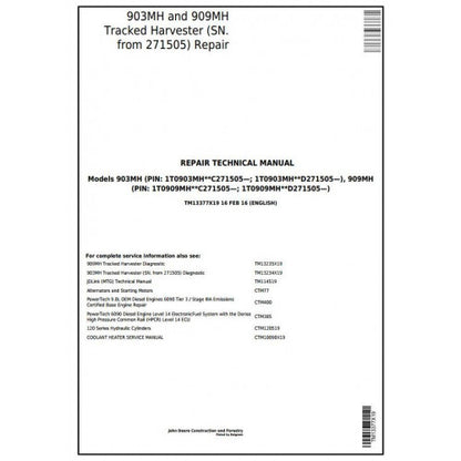 John Deere 903MH, 909MH Tracked Harvester Pdf Technical Repair Service Manual TM13377X19
