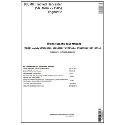 John Deere 903MH Tracked Harvester Pdf Diagnostic, Operation and Tests Service Manual TM13234X19