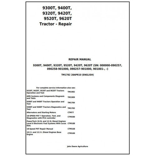 John Deere 9300T, 9400T, 9320T, 9420T, 9520T, 9620T Track Tractor Pdf Technical Repair Manual TM1782