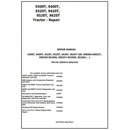 John Deere 9300T, 9400T, 9320T, 9420T, 9520T, 9620T Track Tractor Pdf Technical Repair Manual TM1782