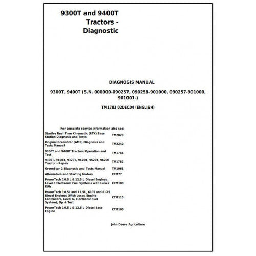 John Deere 9300T and 9400T Track Tractor Pdf Diagnostic and Test Service Manual TM1783