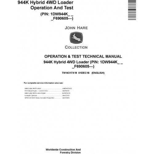 John Deere 944K Hybrid 4WD Loader Pdf Diagnostic, Operation and Tests Service Manual TM14317X19