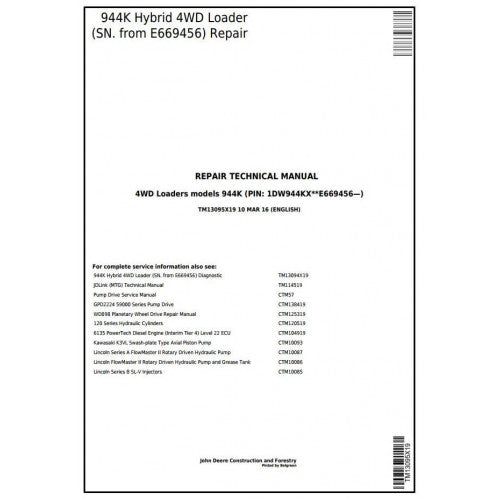John Deere 944K Hybrid 4WD Loader Pdf Technical Repair Service Manual TM13095X19