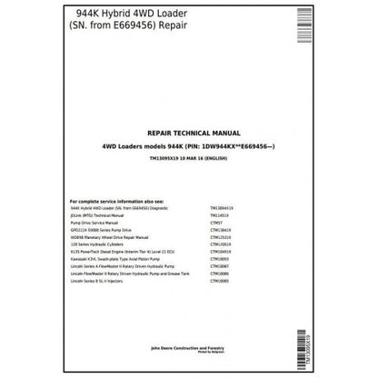 John Deere 944K Hybrid 4WD Loader Pdf Technical Repair Service Manual TM13095X19