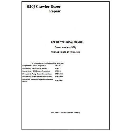 John Deere 950J Crawler Dozer Pdf Technical Repair Service Manual TM2364