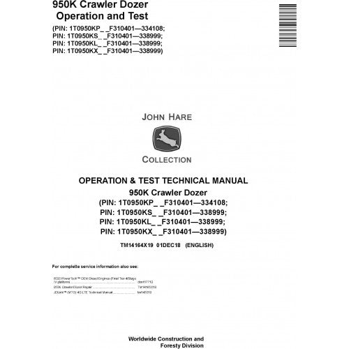 John Deere 950K Crawler Dozer Pdf Diagnostic, Operation and Tests Service Manual TM14164X19