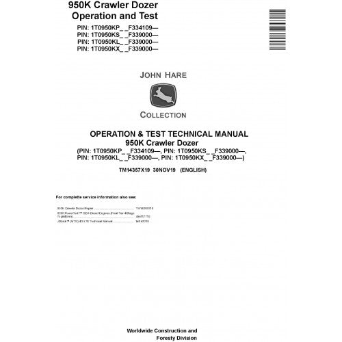 John Deere 950K Crawler Dozer Pdf Diagnostic, Operation and Tests Service Manual TM14357X19