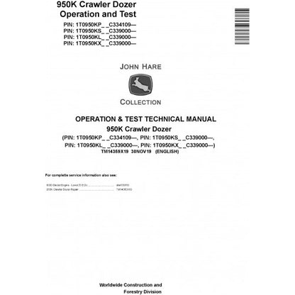 John Deere 950K Crawler Dozer Pdf Diagnostic, Operation and Tests Service Manual TM14359X19