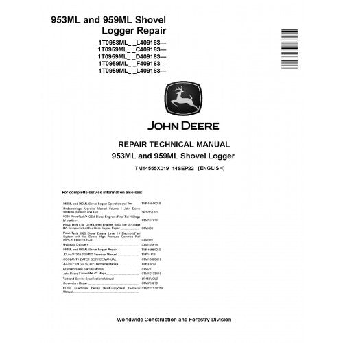 John Deere 953ML and 959ML Shovel Logger Pdf Technical Repair Service Manual TM14555X019