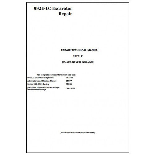 John Deere 992E LC Excavator Pdf Technical Repair Service Manual TM1560