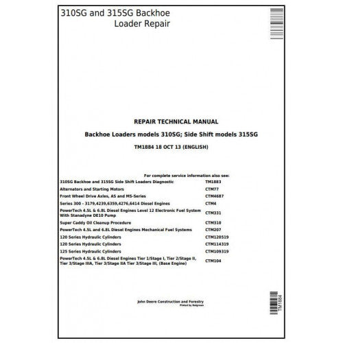 John Deere Backhoe Loaders 310SG, 315SG Side Shift Loaders Pdf Technical Repair Service Manual TM1884