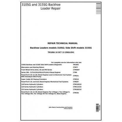 John Deere Backhoe Loaders 310SG, 315SG Side Shift Loaders Pdf Technical Repair Service Manual TM1884