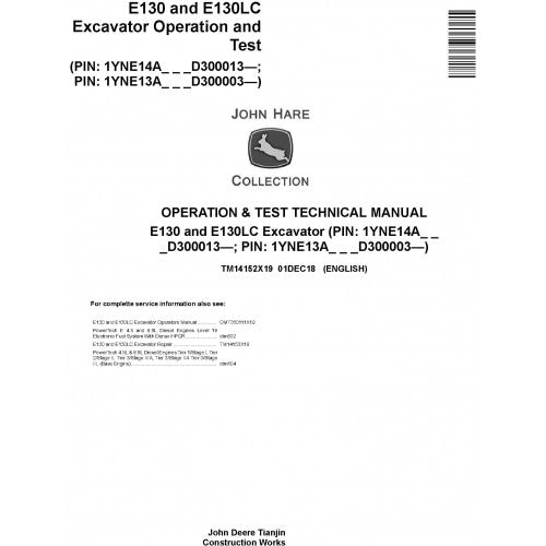 John Deere E130, E130LC Excavator Pdf Diagnostic, Operation and Tests Service Manual TM14152X19