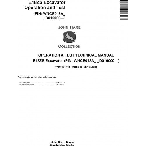 John Deere E18ZS Excavator Pdf Diagnostic, Operation and Tests Service Manual TM14361X19