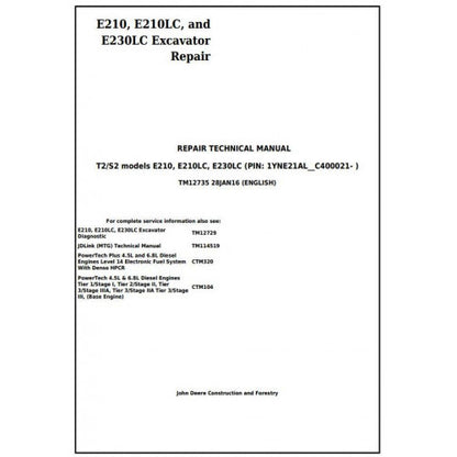 John Deere E210, E210LC and E230LC Excavator Pdf Technical Repair Service Manual TM12735
