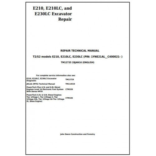 John Deere E210, E210LC and E230LC Excavator Pdf Technical Repair Service Manual TM12735