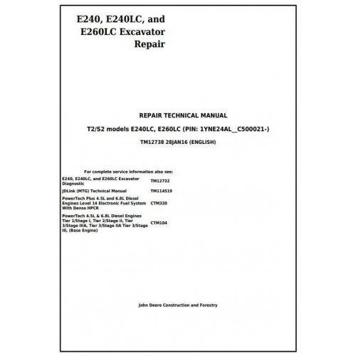 John Deere E240, E240LC and E260LC Excavator Pdf Technical Repair Service Manual TM12738