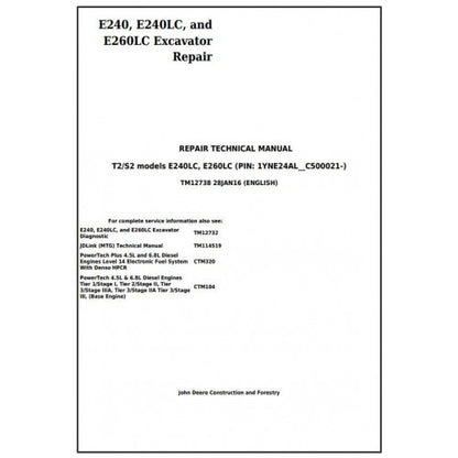 John Deere E240, E240LC and E260LC Excavator Pdf Technical Repair Service Manual TM12738