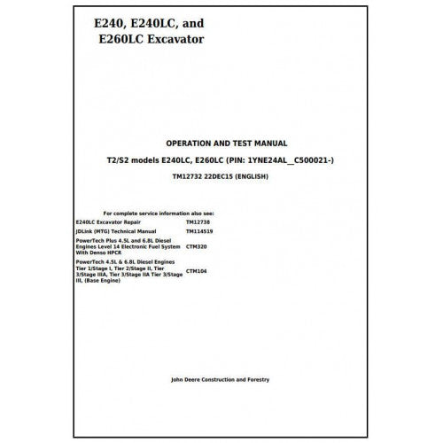 John Deere E240, E240LC, E260LC Excavator Pdf Diagnostic, Operation and Tests Service Manual TM12732