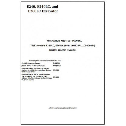 John Deere E240, E240LC, E260LC Excavator Pdf Diagnostic, Operation and Tests Service Manual TM12732