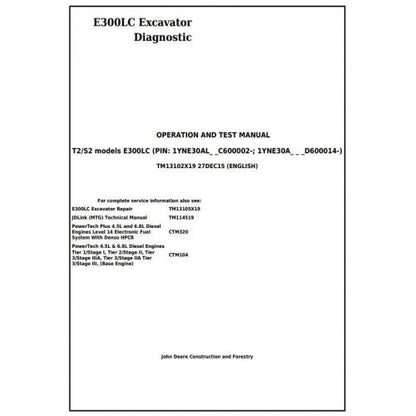 John Deere E300LC Excavator Pdf Diagnostic, Operation and Tests Service Manual TM13102X19