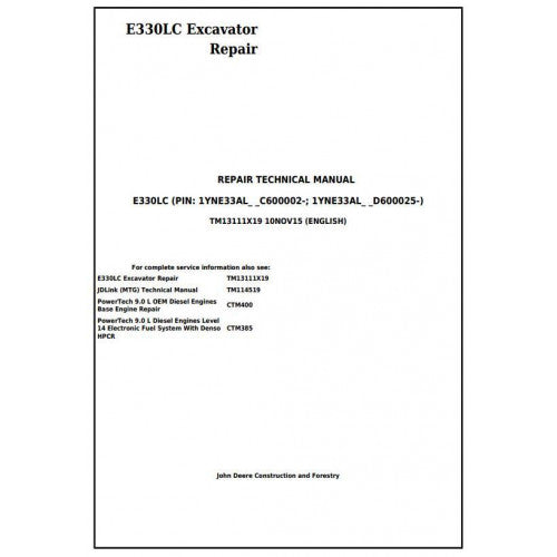 John Deere E330LC Excavator Pdf Technical Repair Service Manual TM13111X19