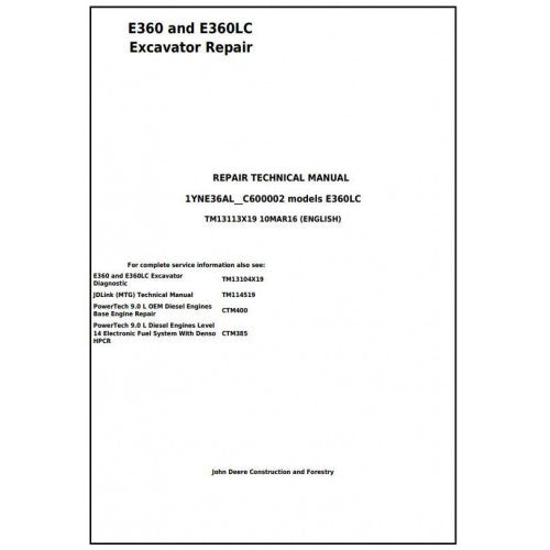 John Deere E360 and E360LC Excavator Pdf Technical Repair Service Manual TM13113X19