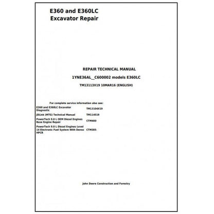 John Deere E360 and E360LC Excavator Pdf Technical Repair Service Manual TM13113X19