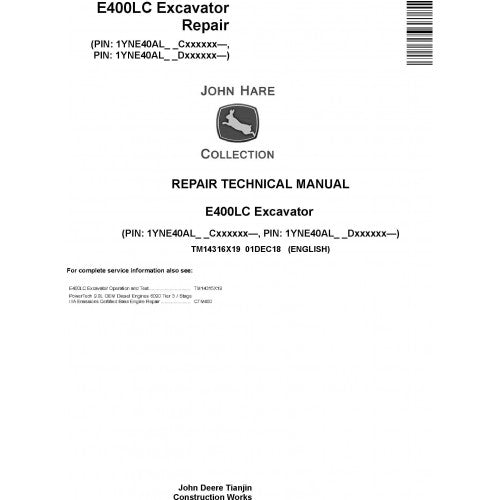 John Deere E400LC Excavator Pdf Technical Repair Service Manual TM14316X19