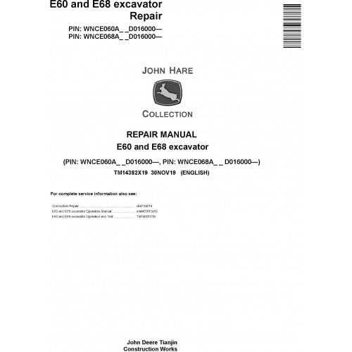 John Deere E60 and E68 Excavator Pdf Technical Repair Service Manual TM14382X19