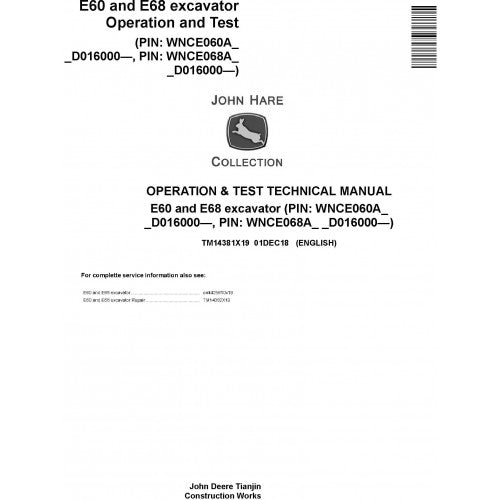 John Deere E60, E68 excavator Pdf Diagnostic, Operation and Tests Service Manual TM14381X19