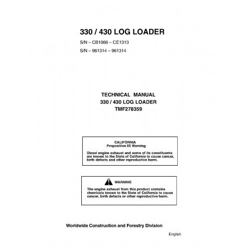 John Deere / TimberJack 330 and 430 Log Loaders Pdf Technical Repair Service Manual (TMF278359)
