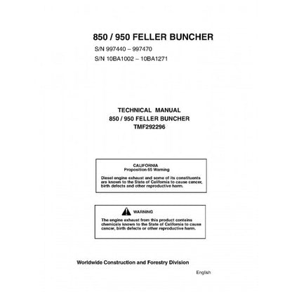 John Deere / TimberJack 850 and 950 Feller Bunchers Pdf Technical Repair Service Manual (TMF292296)